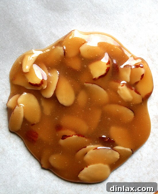 Unbaked Almond Cookie Cups on Parchment Paper Unbaked almond cookie cups batter dollops on a baking sheet, ready for the oven to form delicate cookie baskets.