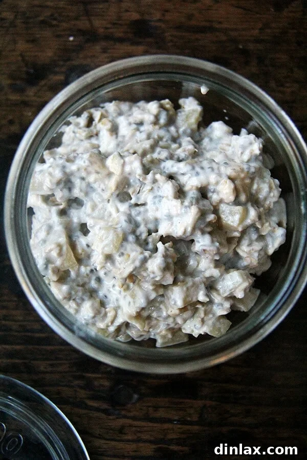 A vibrant bowl of apple pie overnight oats, garnished with cinnamon and maple syrup, set against a rustic backdrop.