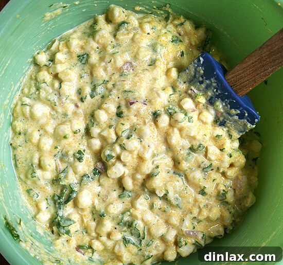 The corn fritter batter before any egg whites were added, showcasing a perfect consistency for crispy fritters. A regretful missed opportunity to test at this stage.