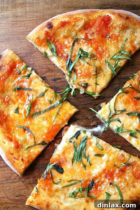 Classic Margherita Pizza with Marcella Hazan's Signature Tomato Sauce and House-Made Ricotta 2 A beautifully crafted homemade Pizza Margherita, showcasing vibrant red tomato sauce, melted fresh mozzarella, and aromatic basil leaves.