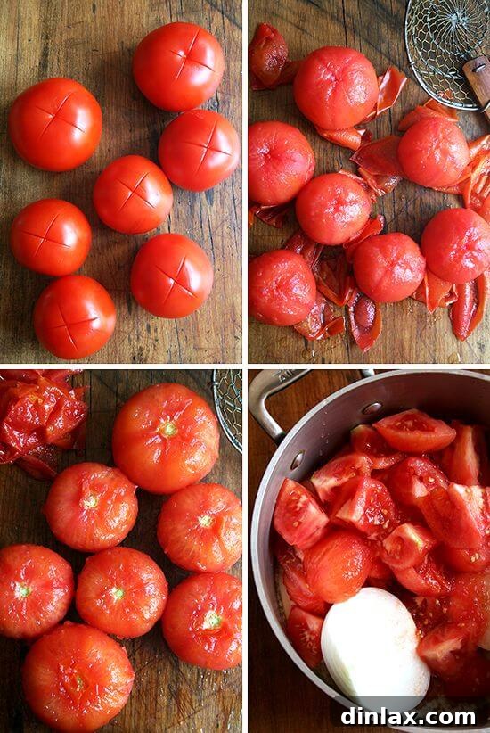 Classic Margherita Pizza with Marcella Hazan's Signature Tomato Sauce and House-Made Ricotta 4 Fresh tomatoes and sliced onions simmering gently in a large pot, beginning the process of becoming a rich homemade sauce.
