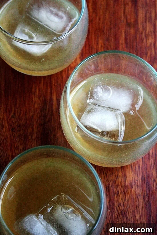 Individual glasses filled with Philadelphia Fish House Punch, garnished with lemon slices and ice.
