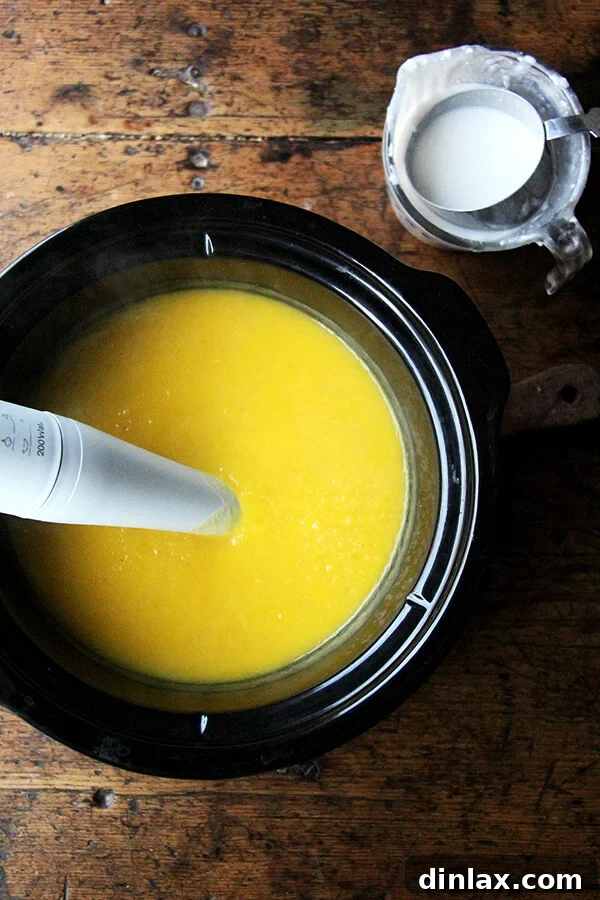 Autumn Glow Butternut Apple Slow Cooker Soup 6 pureed soup in slow cooker with immersion blender