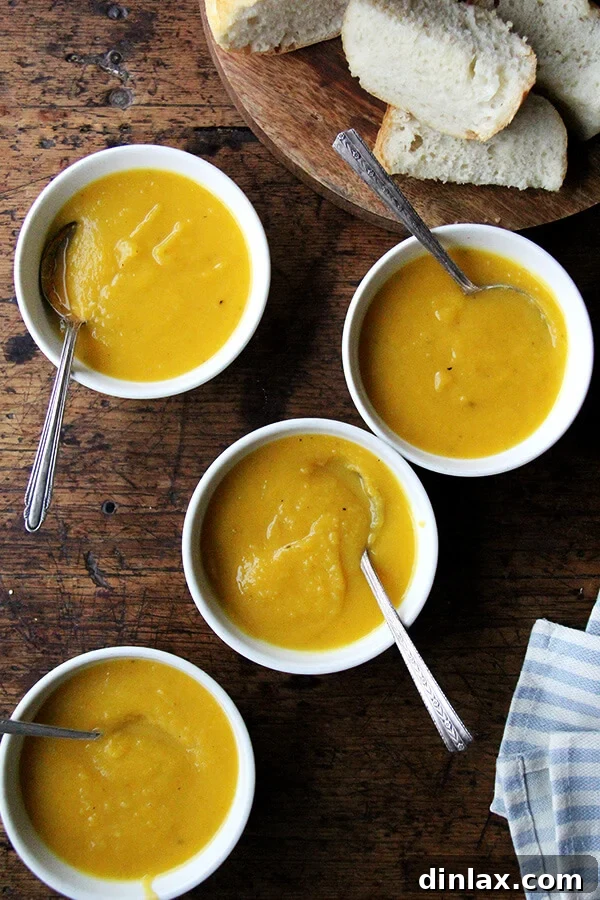 Autumn Glow Butternut Apple Slow Cooker Soup 7 Bowls of butternut squash and apple soup.