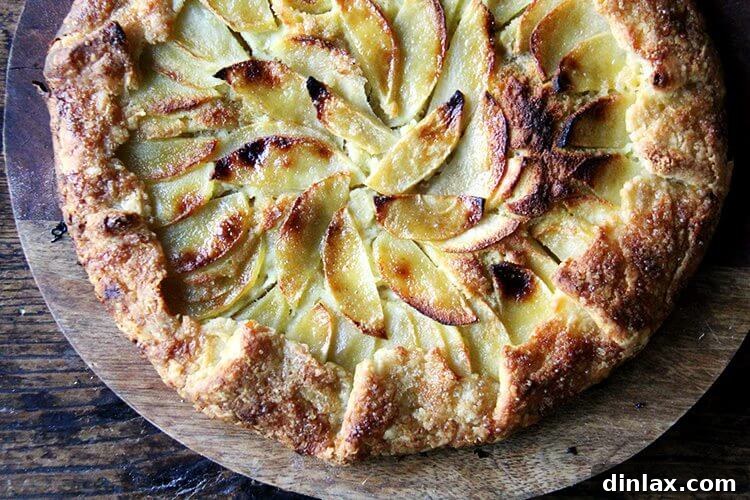 An overhead shot of an apple-frangipane galette, displaying the artfully arranged apple slices.