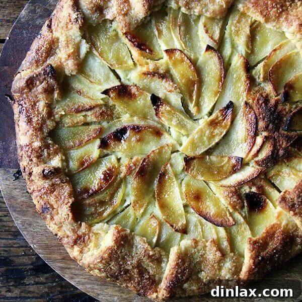 Overhead shot of just-baked apple frangipane galette, highlighting its texture.