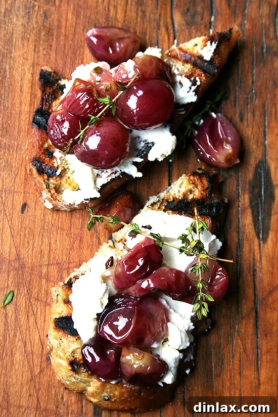 Thyme-roasted grapes with homemade ricotta and grilled bread offer a simple, delicious, and elegant appetizer, side dish, or light lunch. This recipe elevates everyday ingredients into a gourmet experience.