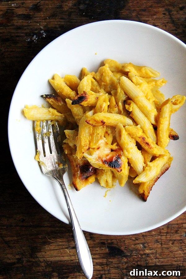 Golden Butternut and Sage Penne Bake 11 A beautifully presented bowl of butternut squash-sage baked penne, ready to be enjoyed as a comforting meal.