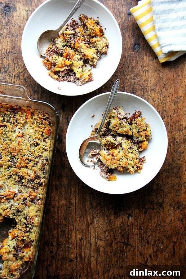 Two bowls of roasted butternut squash and onion quinoa bake, garnished with fresh herbs, ready to be served.