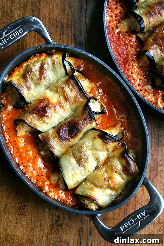 A pan of eggplant involtini with creamy tomato sauce.