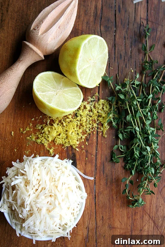 Fresh lemon, thyme, and Parmesan cheese, key ingredients for the involtini.