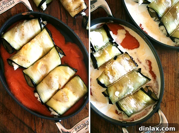 Assembled eggplant involtini in baking dishes, ready for the oven.