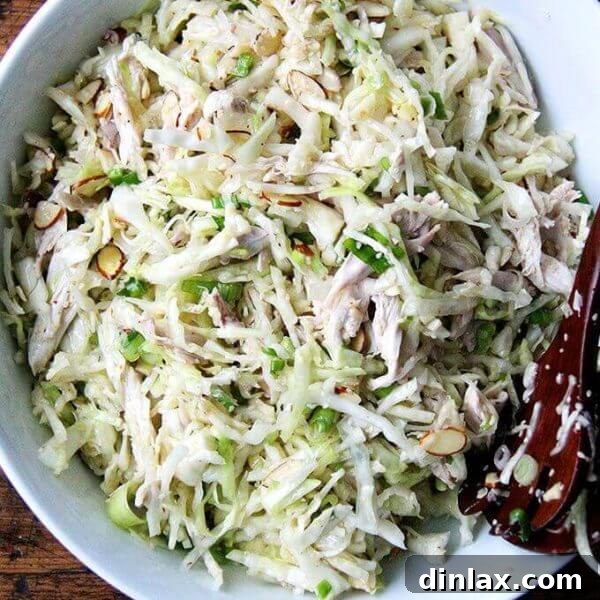 A beautifully presented chicken and cabbage salad with sesame seeds, scallions, and almonds, ready to serve.