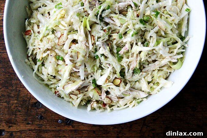 Asian-Inspired Sesame Almond Chicken Slaw 9 A close-up shot of the finished chicken and cabbage salad, generously sprinkled with extra sesame seeds and almonds, highlighting its inviting texture and vibrant ingredients.