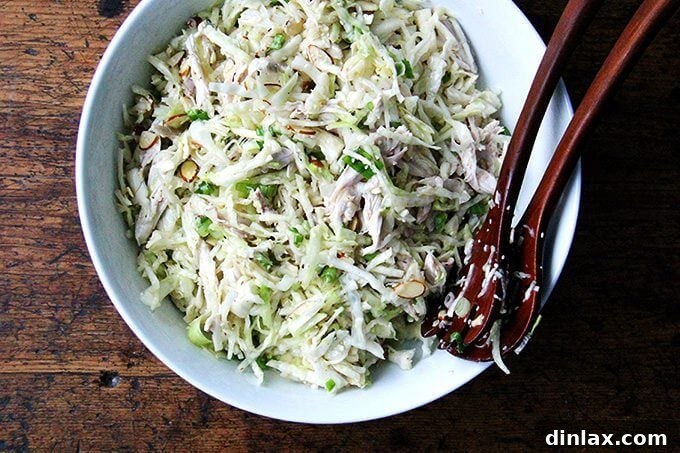 Asian-Inspired Sesame Almond Chicken Slaw 10 A hearty serving of the delicious chicken and cabbage salad in a rustic ceramic bowl, ready to be enjoyed as a refreshing and satisfying meal.