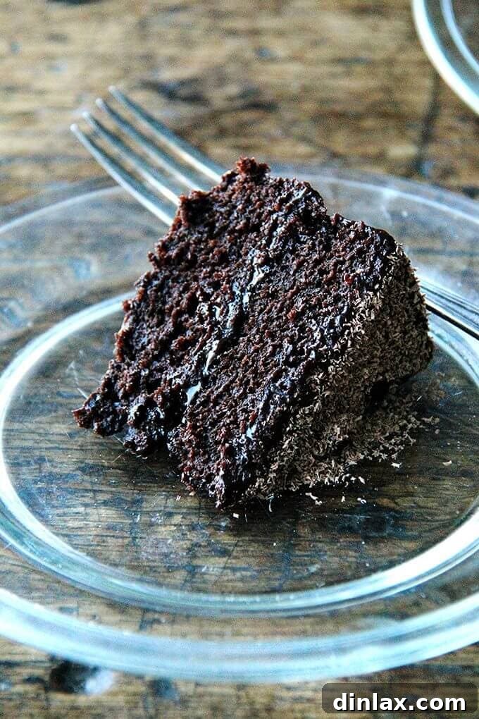 A slice of rich Gourmet's Double Chocolate Cake, with layers of moist cake and creamy frosting, garnished beautifully, perfect for a romantic dessert.