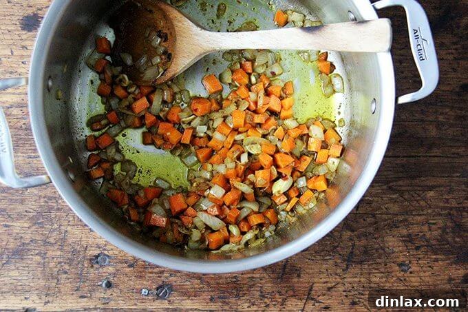 Hearty Golden Chickpea and Lentil Soup 5 Sautéed vegetables and spices, softened and fragrant, ready for the next step in making the soup.