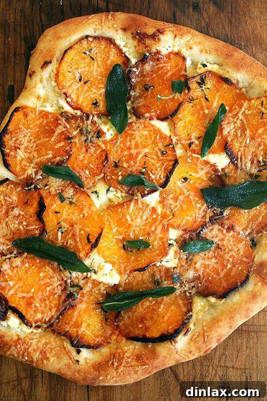 Garlic oil, homemade ricotta, roasted butternut squash, fresh thyme and crispy sage, this butternut squash and crispy sage pizza captures fall in every bite. What's more? The dough takes no more than five minutes to prepare. Happy fall! // alexandracooks.com A whole roasted butternut squash and crispy sage pizza resting on a wooden board, ready to be served.