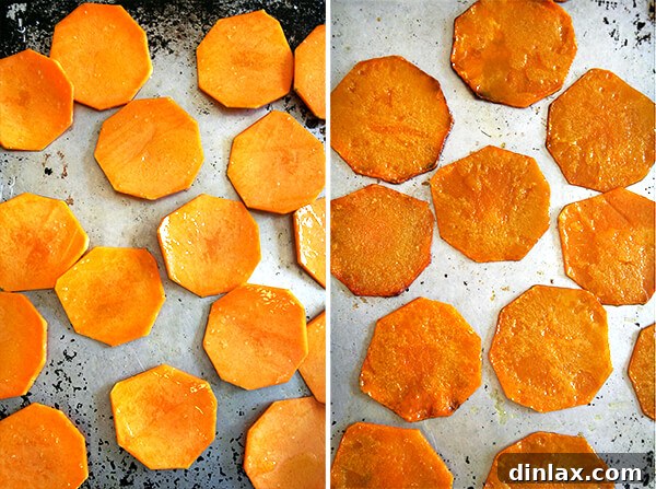 butternut squash, unbaked and baked Two side-by-side images: raw butternut squash slices on a baking sheet (left) and beautifully roasted, tender slices (right).