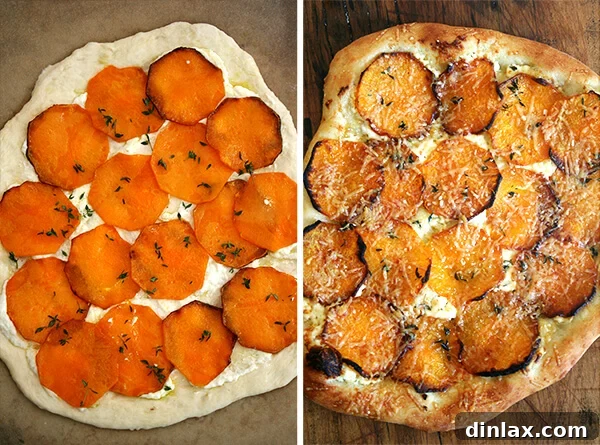 butternut squash pizza, unbaked and baked Two side-by-side images: an unbaked butternut squash pizza adorned with toppings (left) and the golden-brown, baked pizza fresh from the oven (right).