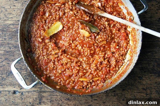 Mediterranean Farro Risotto with Kale and Feta 4 An overhead shot of finished farro risotto, rich and creamy, before the greens and feta are added.
