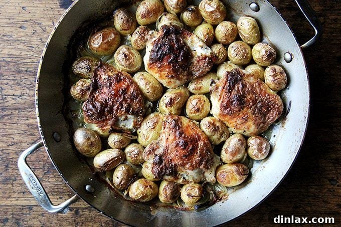 Sheet Pan Tarragon Chicken and Potatoes 7 Just-cooked chicken and potatoes in the braiser, glistening and golden from the oven.