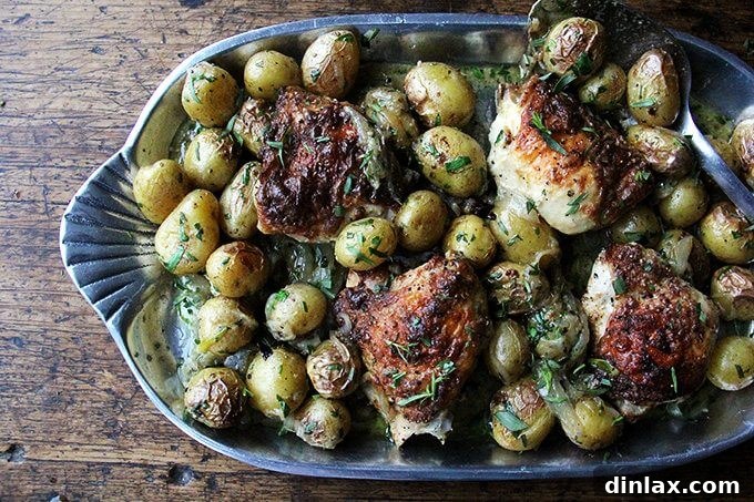 Sheet Pan Tarragon Chicken and Potatoes 9 A platter filled with one-pan roast chicken and potatoes with tarragon, beautifully arranged for serving.