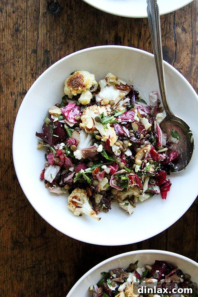 A vibrant roasted vegetable and lentil salad featuring radicchio, walnuts, and goat cheese, dressed in a sharp, sweet, and salty vinaigrette with anchovies and currants. This is a complete meal salad that satisfies both body and soul. Image via alexandracooks.com.