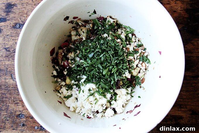 A closer look at the textures within the roasted vegetable and lentil salad, highlighting the lentils and radicchio.