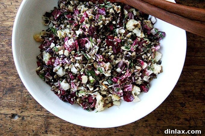 Another perspective of the freshly prepared roasted vegetable and lentil salad, inviting a taste.