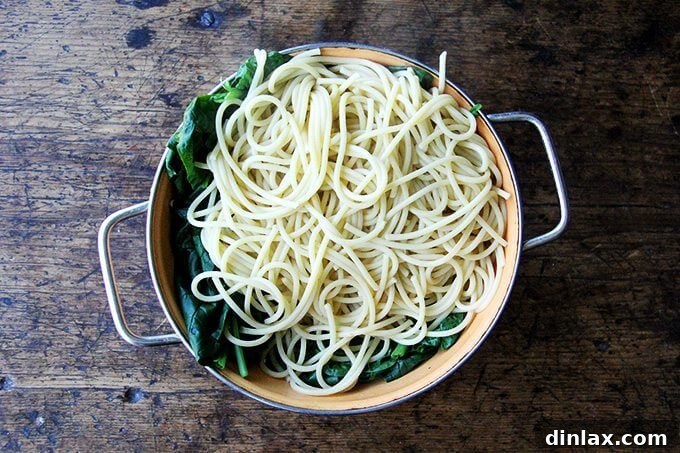 Cooked pasta and wilted greens being drained in a colander.
