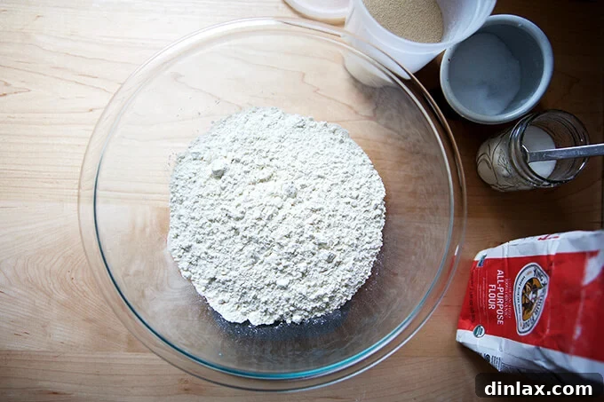 Homemade Bread Made Easy 3 Whisking together flour, salt, sugar, and instant yeast in a mixing bowl for peasant bread.