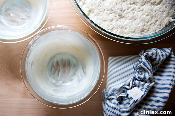 Homemade Bread Made Easy 8 Doubled dough in a bowl, alongside two buttered 1-quart Pyrex bowls ready for baking.