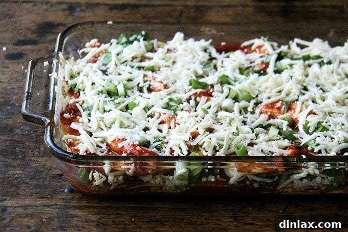 The assembled enchilada casserole just before going into the preheated oven.