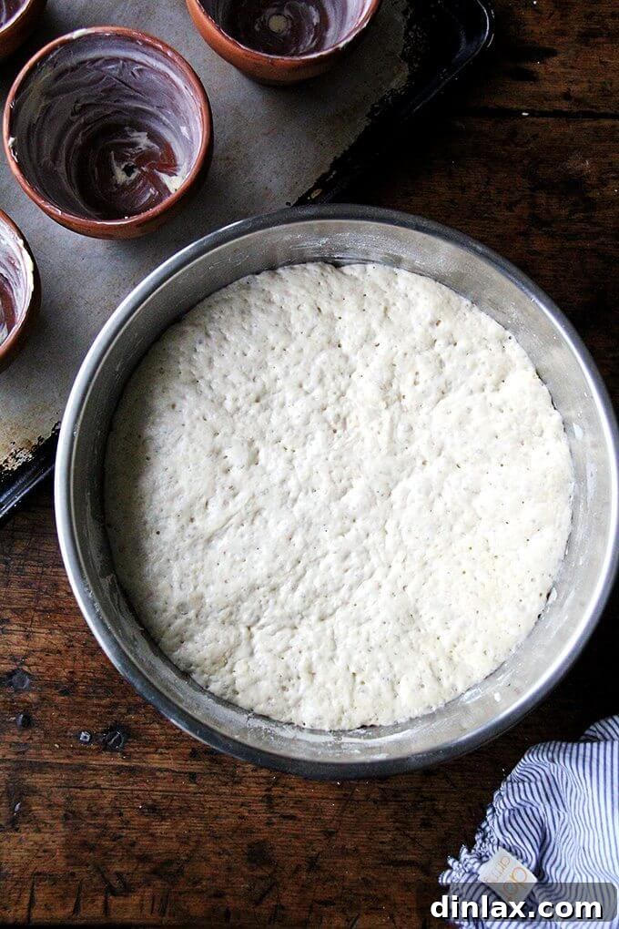 Close-up of peasant bread dough freshly mixed in a bowl, showing its shaggy texture before rising.