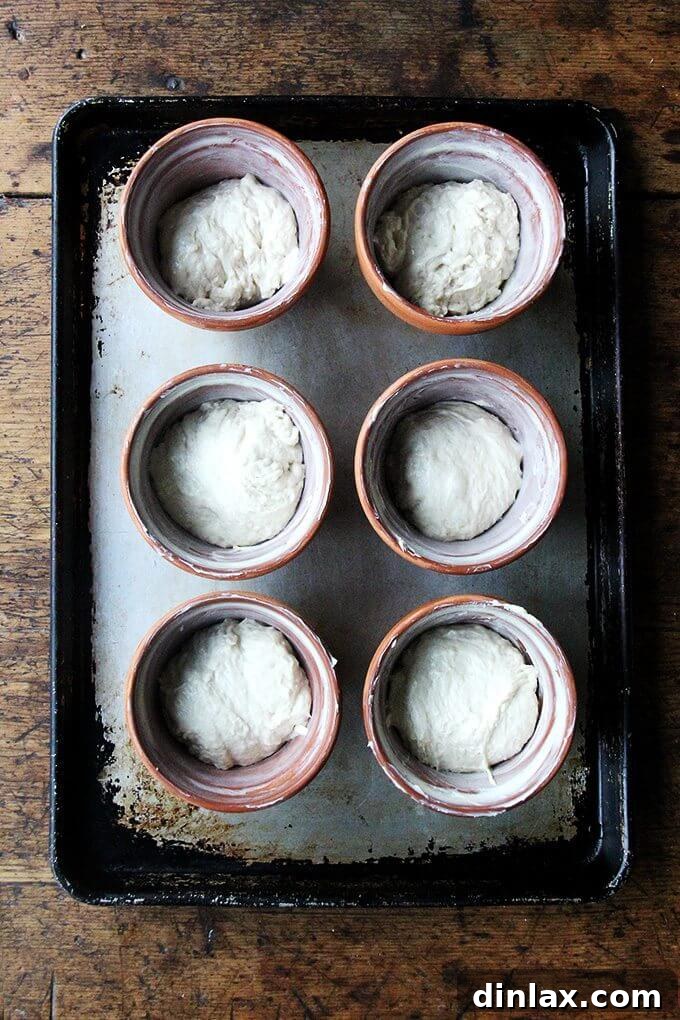 Peasant bread dough in a bowl, covered with a tea towel, during its initial rise. The dough is starting to expand.
