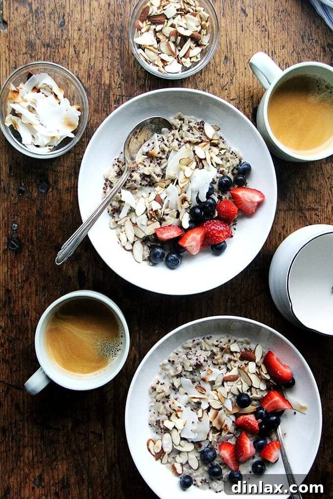 Chef-Inspired Oat and Quinoa Porridge: A Perfect Start to Your Day A beautifully presented bowl of Oat and Quinoa Porridge garnished with fresh berries and nuts, offering a healthy and satisfying breakfast. This aromatic recipe, inspired by Alexandra Cooks and Jean Adamson, is perfect for a delicious start to your day.