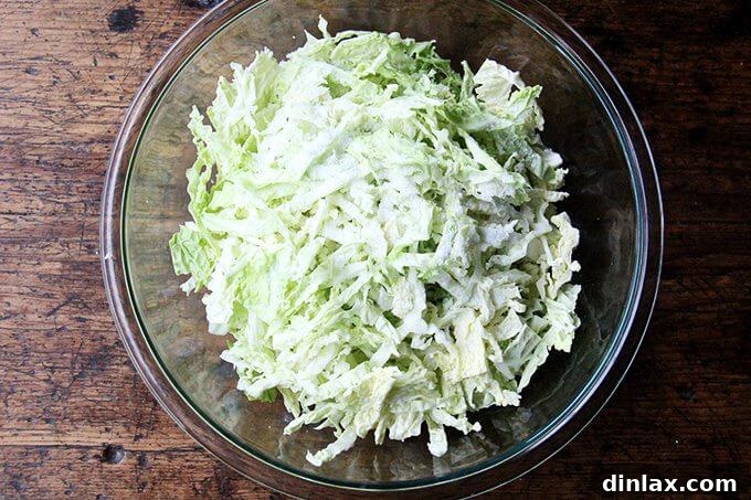 A large bowl filled with freshly shredded cabbage, lightly salted and waiting to be rinsed, preparing for maximum flavor absorption.