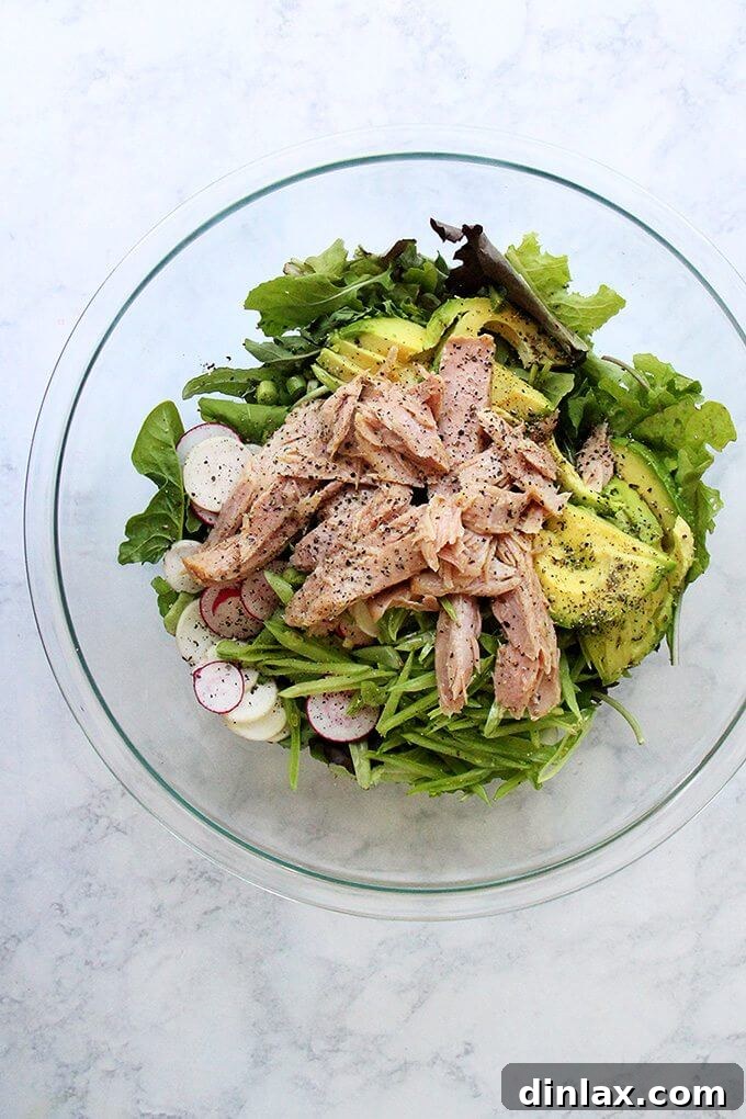 10-Minute Tuna and Greens Salad with Shallot Vinaigrette 3 A large, inviting bowl showcasing a beautifully composed summer salad with mixed greens, vibrant radishes, creamy avocado slices, and substantial flakes of jarred tuna, all glistening with shallot vinaigrette.