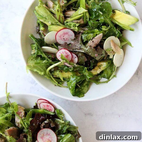 A bowl filled with a dinner salad: greens, tuna, radishes, avocado, shallot vinaigrette.