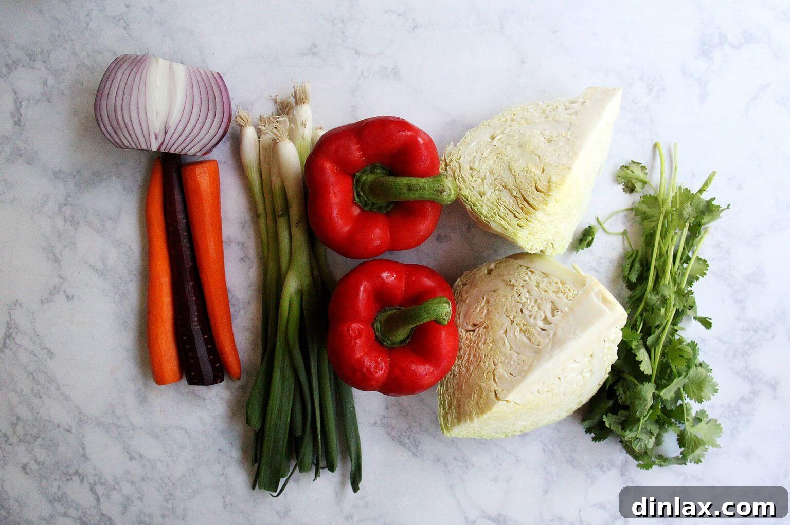 Fresh ingredients laid out for Thai-inspired chicken and cabbage salad preparation.