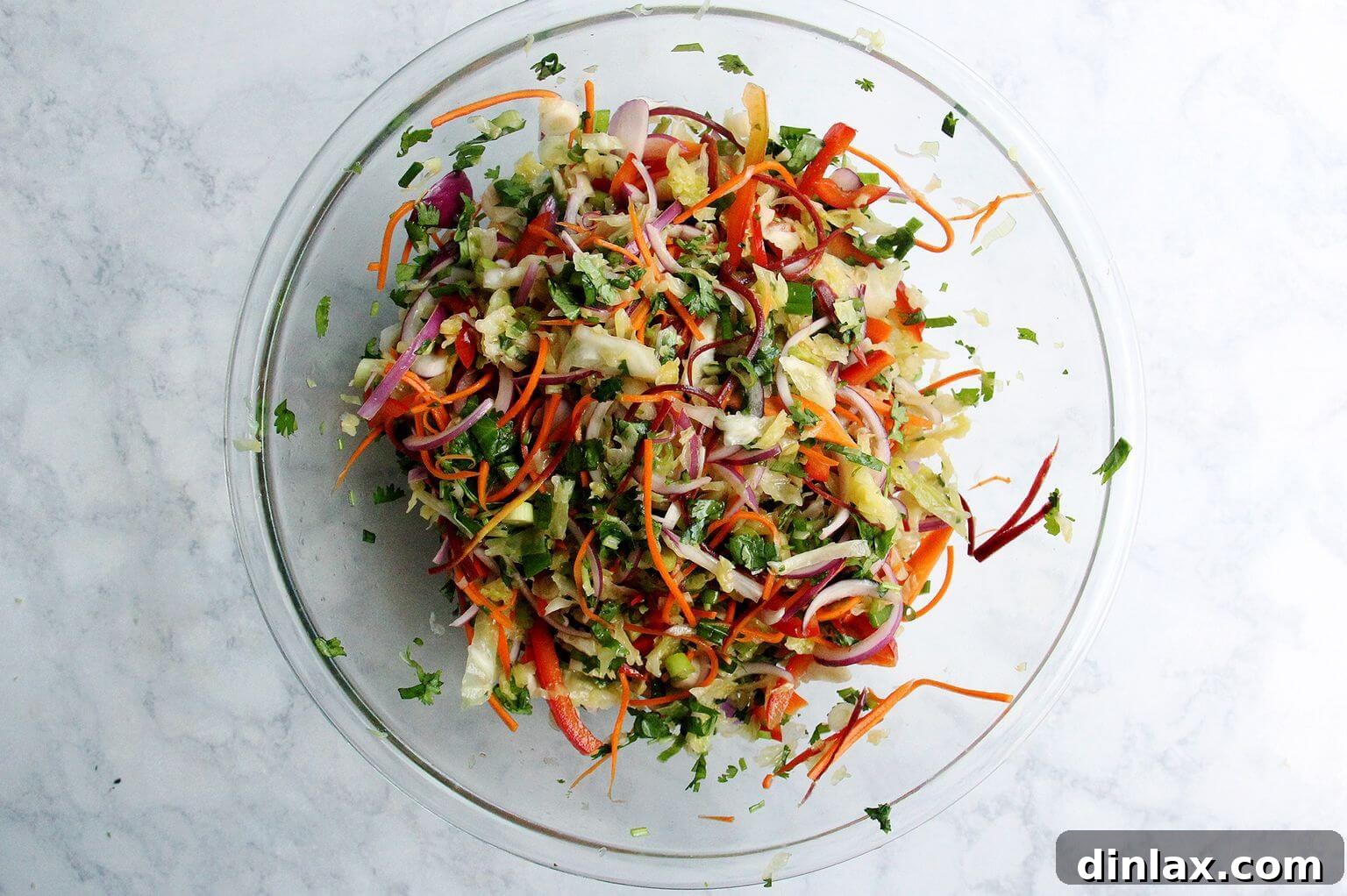 A large mixing bowl filled with the colorful tossed Thai chicken and cabbage salad.