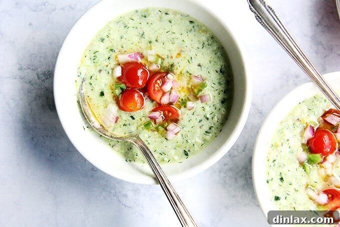 Overhead shot of two beautifully presented bowls of cucumber grape gazpacho, adorned with a colorful tomato salsa. Two bowls of cucumber grape gazpacho with tomato salsa.