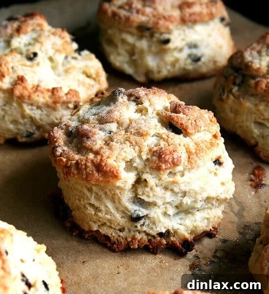 Freshly baked buttermilk currant scones, golden and inviting