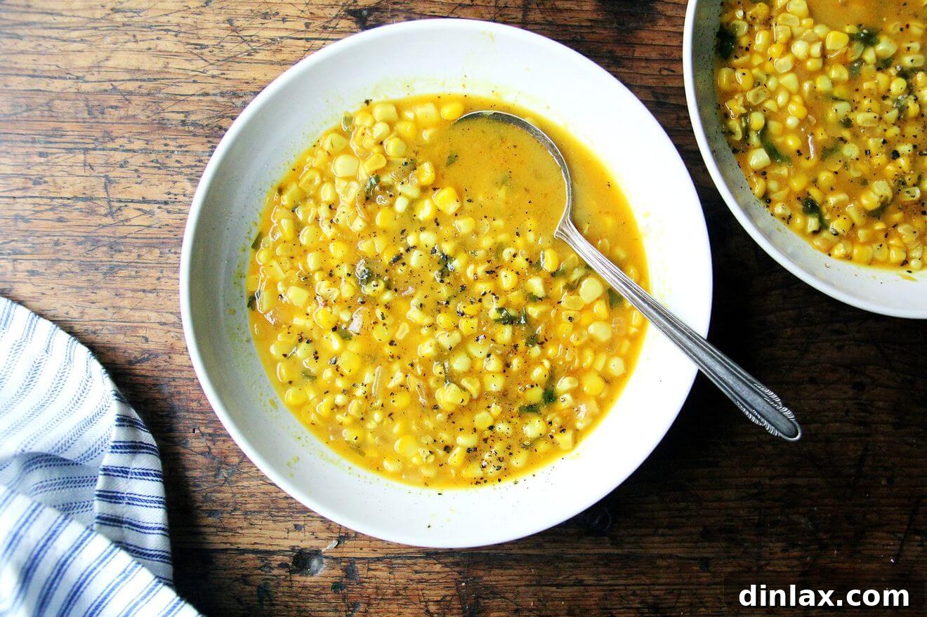 Deborah Madison's Creamy Curried Coconut Corn Soup 10 A beautifully presented bowl of curried corn soup, ready to be served, highlighting its rich color and creamy texture.