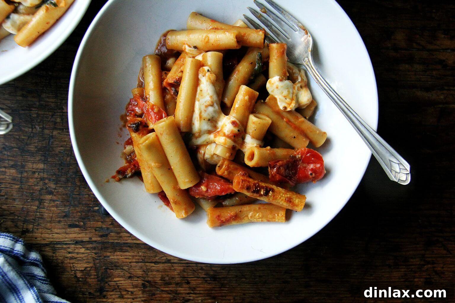 A serving of the delicious one-pan baked ziti, showing off its rich texture and melted cheese, ready to be enjoyed.