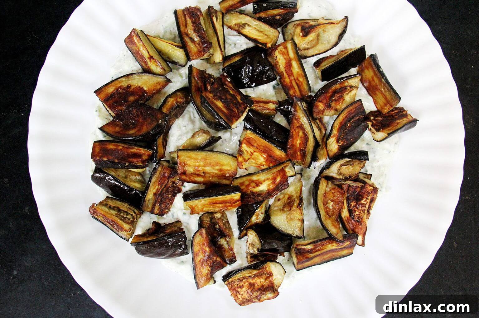 A platter with tzatziki smear and roasted eggplant. 