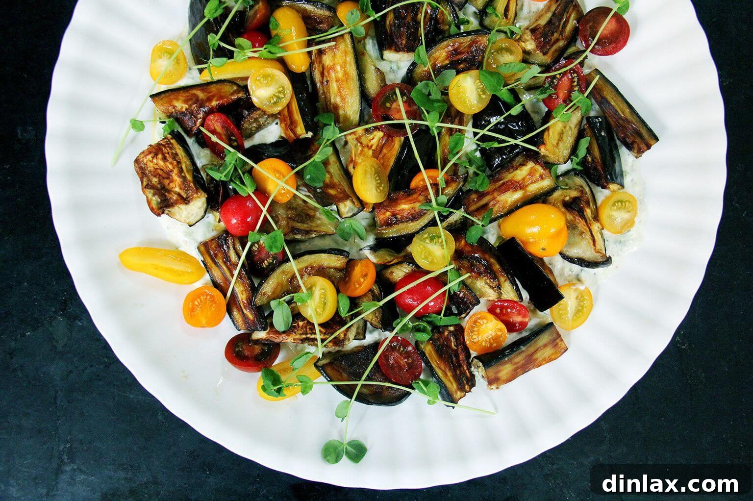 Roasted eggplant, tomato, and tzatziki salad.