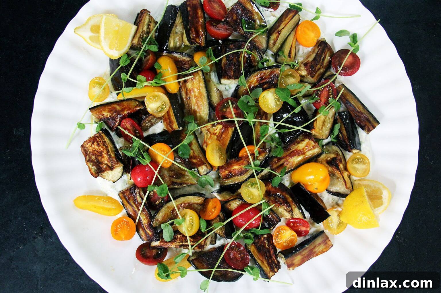 Roasted eggplant, tomato, and tzatziki salad.