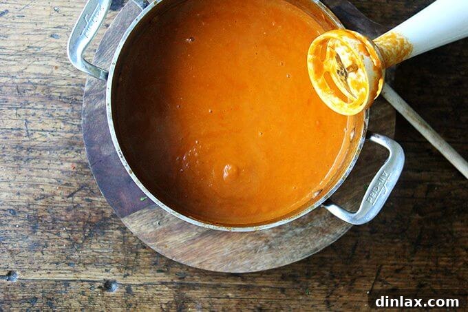 Marcella Hazan's Effortless Butter and Onion Tomato Sauce 12 A pot of puréed tomato sauce, with an immersion blender resting beside it, indicating completion.